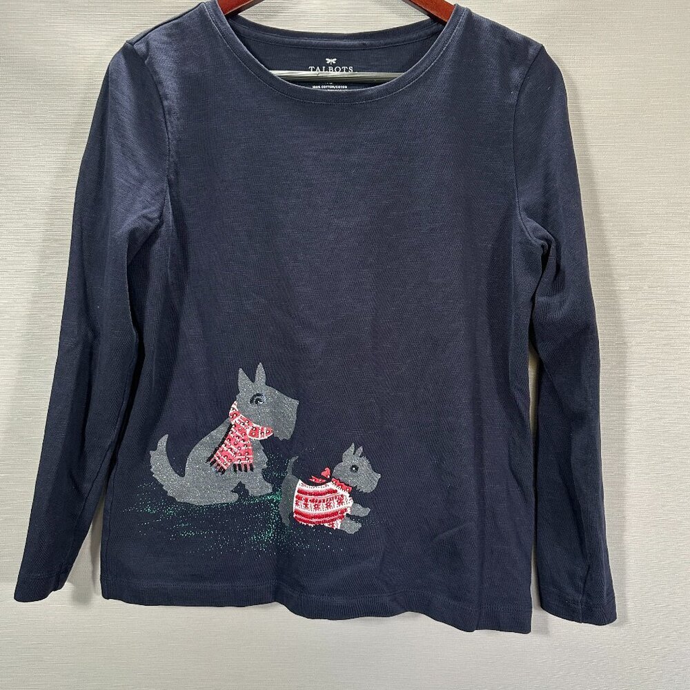 Talbots Top Women Medium Petite Cotton Long Sleeve Terrier Dog Winter Embellish